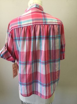 LAND & SEA, Pink, Cream, Aqua Blue, Magenta Pink, Lt Pink, Polyester, Cotton, Plaid, Short Sleeves, Button Front Placket, Band Collar,  Pullover,
