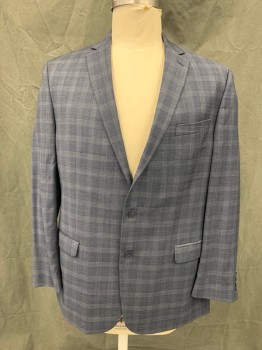 Mens, Sportcoat/Blazer, CALVIN KLEIN, Navy Blue, Gray, Wool, Plaid, 46L, Single Breasted, Collar Attached, Notched Lapel, 3 Pockets, 2 Buttons
