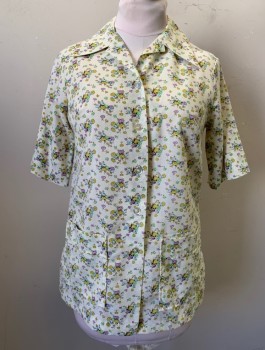 LORI LYNN, Ecru, Lavender Purple, Chartreuse Green, Mint Green, Cotton, Floral, Tiny Flowers Print, Short Sleeves, Button Front, Oversized Smock Style Fit, Collar Attached, 2 Patch Pockets at Hips, Early 1970's