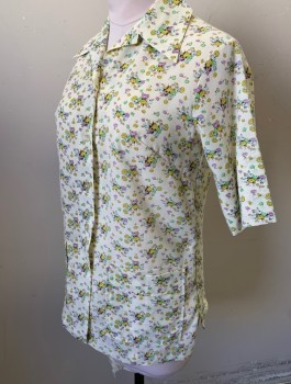 LORI LYNN, Ecru, Lavender Purple, Chartreuse Green, Mint Green, Cotton, Floral, Tiny Flowers Print, Short Sleeves, Button Front, Oversized Smock Style Fit, Collar Attached, 2 Patch Pockets at Hips, Early 1970's
