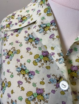 Womens, Blouse, LORI LYNN, Ecru, Lavender Purple, Chartreuse Green, Mint Green, Cotton, Floral, B:38, Tiny Flowers Print, Short Sleeves, Button Front, Oversized Smock Style Fit, Collar Attached, 2 Patch Pockets at Hips, Early 1970's