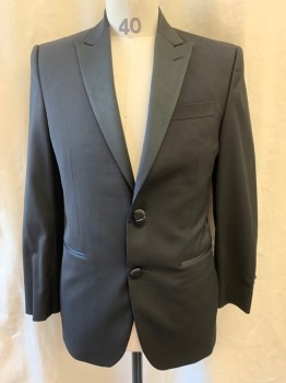 Mens, Sportcoat/Blazer, JIMMY AU, Black, Wool, Solid, 38S, Peaked Lapel, Satin Lapel, Single Breasted, Button Front, 2 Buttons, 1 Pockets, 2 Pockets