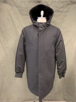 Mens, Casual Jacket, COS, Charcoal Gray, Black, Polyester, Wool, Color Blocking, M, Heather Charcoal Body, Black Polyester Satin Sleeves/Hood, Zip Front with Snap Placket, 2 Pockets, Attached Hood, Long Sleeves, Ribbed Knit Cuff, Foam Fill with Mesh Lining, Thigh Length