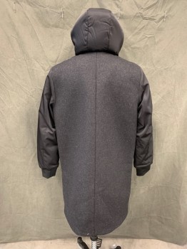 Mens, Casual Jacket, COS, Charcoal Gray, Black, Polyester, Wool, Color Blocking, M, Heather Charcoal Body, Black Polyester Satin Sleeves/Hood, Zip Front with Snap Placket, 2 Pockets, Attached Hood, Long Sleeves, Ribbed Knit Cuff, Foam Fill with Mesh Lining, Thigh Length