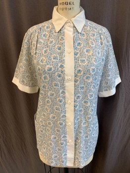 Womens, Nurse, Top/Smock, G.A.L.S, Off White, Teal Blue, Brown, Polyester, Cotton, Floral, M, Solid Off White Collar Attached, Short Sleeves 1" Trim and  Button Front Placket, 2 Pockets Bottom