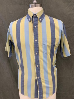 SEARS, Avocado Green, Navy Blue, Lt Blue, Cotton, Stripes, Button Front, Collar Attached, Button Down Collar, Short Sleeves, 1 Pocket,