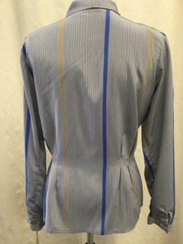 CG SEPERATES, Lt Gray, Blue, Khaki Brown, Polyester, Stripes - Vertical , Button Front, Long Sleeves, Self Tie Collar, Fitted Waist