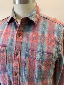 CURRENT/ELLIOT, Faded Red, Gray, Lt Blue, Cotton, Plaid, Geometric, Thick Brushed Cotton, Long Sleeve Button Front, Collar Attached, 2 Patch Pockets