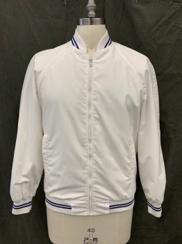 Mens, Windbreaker, N/L, White, Cotton, Solid, L, Zip Front, 2 Pockets, Raglan Long Sleeves, Ribbed Knit Collar/Cuff/Waistband with Navy Blue Stripes