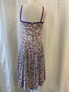 Womens, 1950s Vintage, Dress, FOX144, Lt Green, Purple, Off White, Cotton, Floral, W:25, B:30, No Belt, Square Neckline Small Bow at Center, Spaghetti Straps, Zip Back, A-Line, Pleated Skirt,