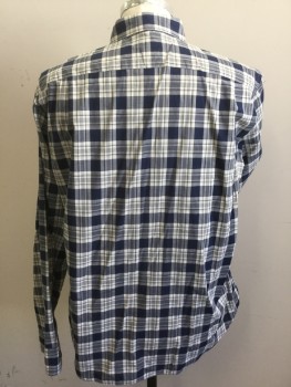 J.CREW, Navy Blue, Off White, Heather Gray, Cotton, Plaid, Plaid-  Windowpane, Collar Attached, Button Down, Button Front, 1 Pocket, Long Sleeves, Curved Hem