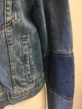 FREE PEOPLE, Denim Blue, Cotton, Polyester, Solid, Faded, Medium Wash Denim, Button Front, Collar Attached, 4 Pockets, Horizontal Panel on Sleeve Elbow