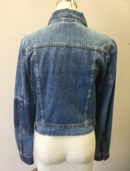 FREE PEOPLE, Denim Blue, Cotton, Polyester, Solid, Faded, Medium Wash Denim, Button Front, Collar Attached, 4 Pockets, Horizontal Panel on Sleeve Elbow