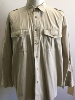 ORVIS, Khaki Brown, Cotton, Solid, Long Sleeves, Button Front, Collar Attached, Epaulets, 2 Pockets,