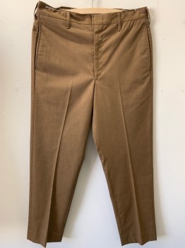 N/L, Brown, Polyester, Cotton, Solid, Flat Front, Zip Front, Belt Loops, Tapered, 4 Pockets,