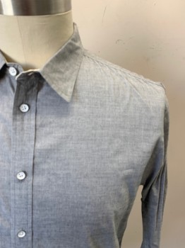 RAG & BONE, Gray, Cotton, Heathered, Birds Eye Weave, Button Front, Collar Attached, Long Sleeves, Button Cuff