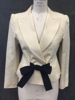 Womens, Blazer, D&G, Cream, Cotton, Acetate, Solid, 10, 46, Silk Feel, Double Breasted, Snap Closures, Collar Attached, Peaked Lapel, 3 Pockets, Hand Picked Collar/Lapel, Pleated Shoulder, Long Sleeves, Black Tie Front Attached