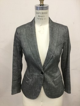 Womens, Blazer, ANNE KLEIN, Charcoal Gray, Linen, Polyester, Heathered, 2, Twill, Single Breasted, 1 Button, Collar Attached, Peaked Lapel, Hand Picked Collar/Lapel, 3 Pockets, Long Sleeves