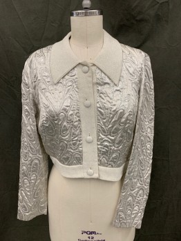 Womens, 1960s Vintage, Piece 2, N/L, Silver, White, Lurex, Solid, Abstract , W 29, B 38, H 36, Jacket, Swirling Silver Brocade, Silver/White Speckled Collar Attached/Placket/Waistband, Button Front,