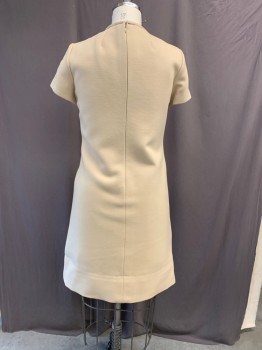 GARY KEEHN, Khaki Brown, Wool, Solid, Crew Neck, Short Sleeves, Back Zipper, Lined, 2 Hidden Hip Pockets on Front Seams, 2 Faux Pockets at Front Yoke Line