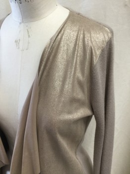 Womens, Sweater, ELIE TAHARI, Beige, Gold, Wool, Leather, M, Taupe/Glitter Leather Front, Draped Open Front, Solid Taupe Knit Back/Sleeves, Long Sleeves