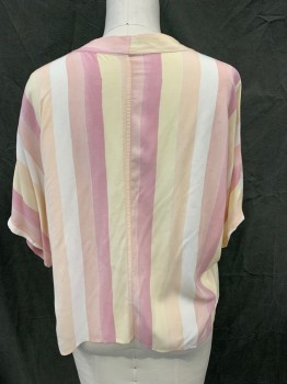 Womens, Top, RAILS, Pink, Peach Orange, Cream, Butter Yellow, Rayon, Stripes - Vertical , M, V-neck, Button Front, Covered Button/Loop Front, Dolman Short Sleeves, Tie Front