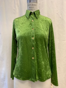 Womens, Blouse, BENNETON, Green, Synthetic, Solid, B 36, Crushed Velvet, Button Front, Collar Attached, Long Sleeves,