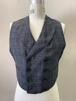 N/L, Gray, Wool, Plaid, Tweed, Peaked Lapel, 2 Pockets, 6 Button Front, Gray Textured Satin Back with Belt