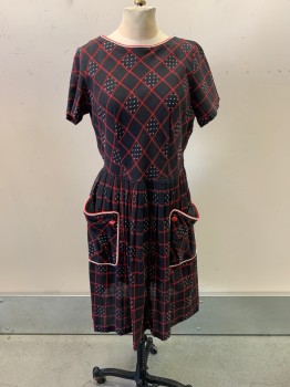 NL, Black, Red, White, Cotton, Plaid, Bateau/Boat Neck, S/S, 2 Patch Pockets, Red & White Piping on Neckline & Pockets, Zip Side, Pleated Skirt