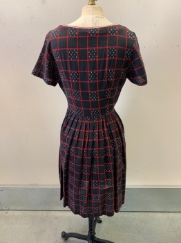 Womens, Dress, NL, Black, Red, White, Cotton, Plaid, W: 28, B: 34, Bateau/Boat Neck, S/S, 2 Patch Pockets, Red & White Piping on Neckline & Pockets, Zip Side, Pleated Skirt