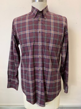 Mens, Casual Shirt, BROOKS BROTHERS, Wine Red, Navy Blue, Dk Green, Beige, Cotton, Plaid, L, L/S, Button Front, Collar Attached, Chest Pocket