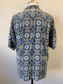 TOMMY BAHAMA, Blue, Off White, Gray, Black, Mustard Yellow, Silk, Geometric, Collar Attached, Button Front, Short Sleeves
