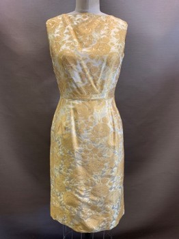 NO LABEL, Gold, Pearl White, Polyester, Floral, Sleeveless Dress, Boat Neck, Bodycon, Back Zipper,