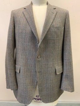 Mens, 1970s Vintage, Suit, Jacket, Acadamy Awards, Beige, Brown, Wool, Glen Plaid, 42L, 2 Button, Flap Pockets, Single Vent