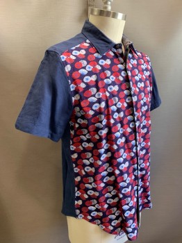 Mens, Casual Shirt, ROBERT GRAHAM, Navy Blue, Red, White, Cotton, Linen, Abstract , Circles, L, Patterned Front with Seersucker Texture, Short Sleeves, Collar and Back are Solid Navy Linen, Button Front, No Pocket