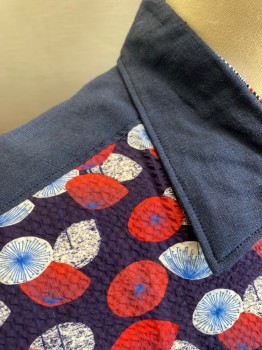 Mens, Casual Shirt, ROBERT GRAHAM, Navy Blue, Red, White, Cotton, Linen, Abstract , Circles, L, Patterned Front with Seersucker Texture, Short Sleeves, Collar and Back are Solid Navy Linen, Button Front, No Pocket