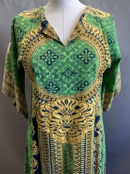 NO LABEL, Green, Black, Yellow, Cotton, Medallion Pattern, Greek Key, Mid Sleeves, V Neck, Straight Fit, Double Slit on Sides