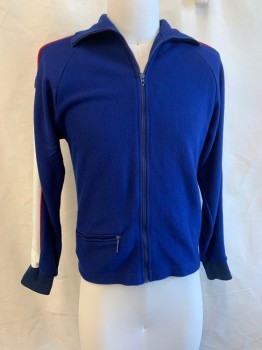 Mens, 1970s Vintage, P1, TSA, Dk Blue, Red, White, Acrylic, Color Blocking, S, Track Jacket, C.A., Zip Front, L/S, 1 Pocket, Stripes on Sleeves