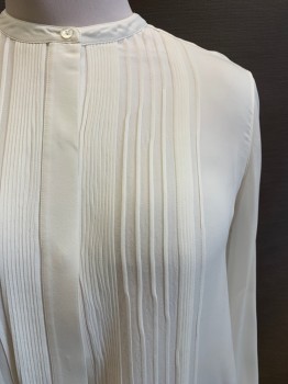 Womens, Blouse, VINCE, Cream, Silk, Solid, 8, L/S, Button Front, Crew Neck, Ribbed Detail