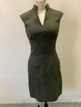 Womens, Dress, Sleeveless, ANTONIO MELANI, Olive Green, Polyester, Herringbone, Sz 2, Stand Collar with V-neck, Wide Waistband/Yoke, Small Pleats at Bust, Fitted, Knee Length, Invisible Zipper in Back