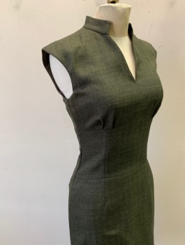 Womens, Dress, Sleeveless, ANTONIO MELANI, Olive Green, Polyester, Herringbone, Sz 2, Stand Collar with V-neck, Wide Waistband/Yoke, Small Pleats at Bust, Fitted, Knee Length, Invisible Zipper in Back