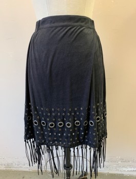 Womens, Skirt, Knee Length, N/L, Black, Polyester, Metallic/Metal, Solid, W26-30, Faux Micro Suede Polyester, Various Circular Silver Metal Studs and Grommets at Hem with Self Hanging Fringe, Elastic Waist