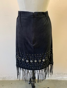 Womens, Skirt, Knee Length, N/L, Black, Polyester, Metallic/Metal, Solid, W26-30, Faux Micro Suede Polyester, Various Circular Silver Metal Studs and Grommets at Hem with Self Hanging Fringe, Elastic Waist
