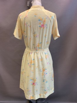 Womens, Dress, N/L, Yellow, Pink, Blue, Polyester, Floral, W28, B34, S/S, V Neck, Stand Collar, Elastic Waist Band, Chest Pocket, Side Pockets