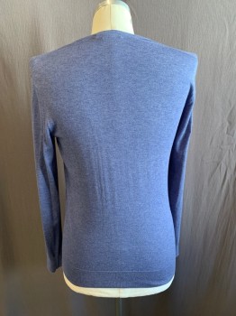 Mens, Pullover Sweater, BLOOMINGDALES, French Blue, Cotton, Cashmere, Heathered, M, CN, L/S, Ribbed Neck, Cuffs, & Waist