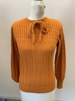 JADE, Pumpkin Spice Orange, Acrylic, Cable Knit, Pullover, Scalloped Crew Neck, Bow At Neck, Ribbed Waist & Cuffs, Padded Shoulders 
