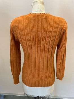 Womens, Sweater, JADE, Pumpkin Spice Orange, Acrylic, Cable Knit, B:32, Pullover, Scalloped Crew Neck, Bow At Neck, Ribbed Waist & Cuffs, Padded Shoulders 