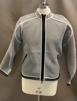 JAMES LONG, White, Black, Synthetic, Circles, Perforated Mesh, Stand Collar, Zip Front, Raglan L/S, Zipper, Front Pckts, White Piping, MULTIPLES