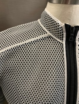Mens, Jacket, JAMES LONG, White, Black, Synthetic, Circles, M, Perforated Mesh, Stand Collar, Zip Front, Raglan L/S, Zipper, Front Pckts, White Piping, MULTIPLES