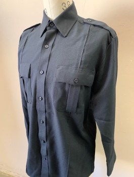 Mens, Fire/Police Shirt, LAW PRO, Navy Blue, Polyester, Solid, N:16.5, L Reg, S:34-5, Long Sleeves, Button Front, Collar Attached, 2 Patch Pockets with Button and Flap Closure, Epaulets at Shoulders, Multiples
